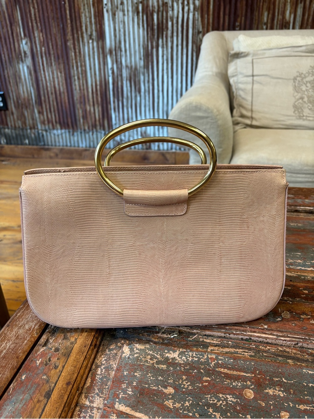 Saks Fifth Avenue Blush Pink Clutch with Gold Double Handle